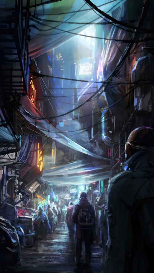 Cyberpunk alley market with people and neon lights