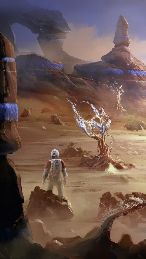 Astronaut on an alien planet with strange flora