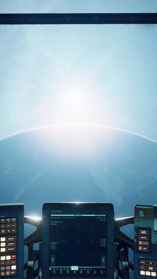 Starfield spaceship cockpit view of a planet