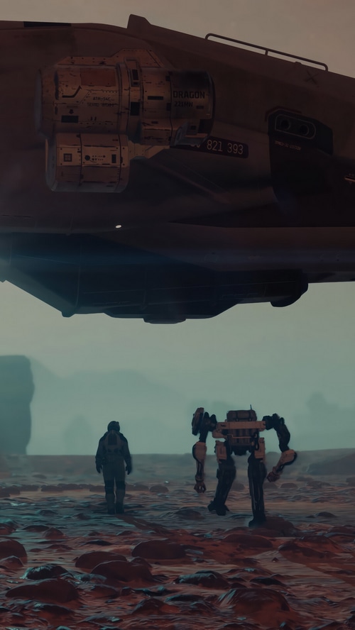 Starfield spaceship and figures on alien planet