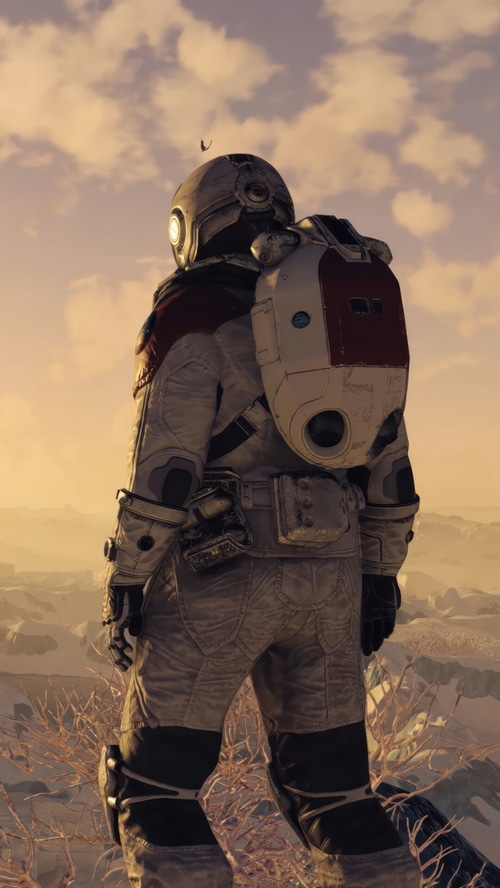 Astronaut in Starfield looking at a barren landscape