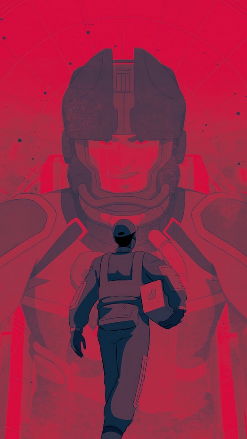 Starfield game art with delivery person and giant robot