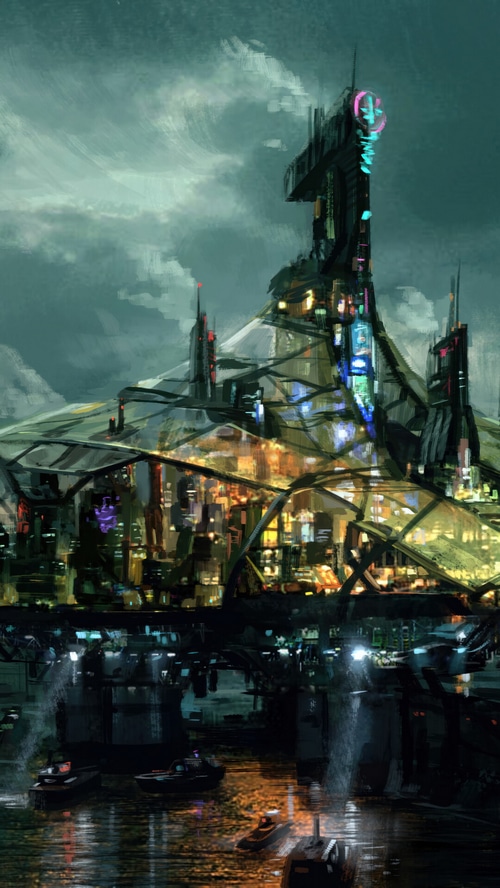 Starfield futuristic city with boats on water