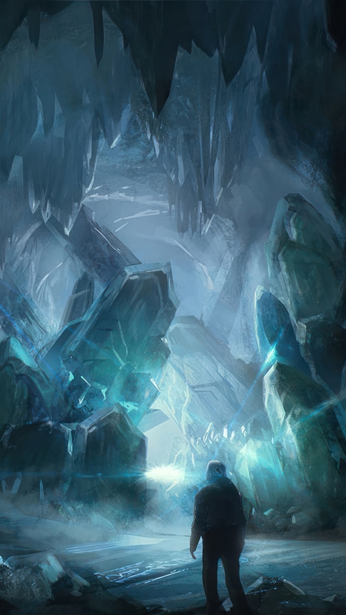 Starfield cave with large crystals and a person