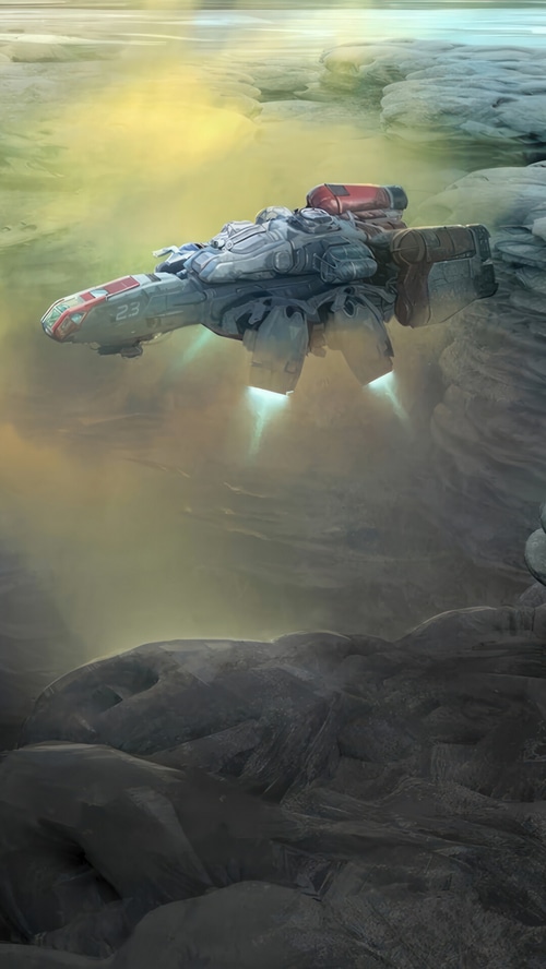 Starfield spaceship flying over rocky terrain