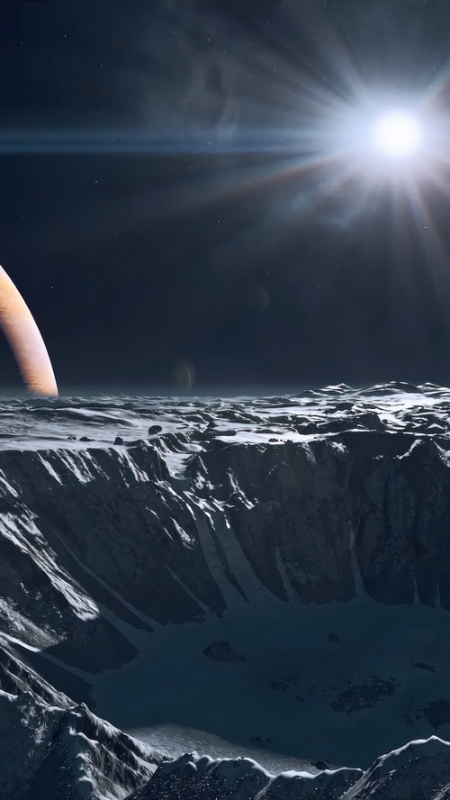 Starfield Crater with Distant Planet and Sun