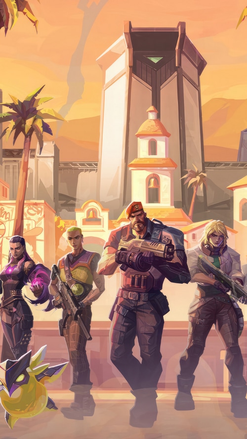 Valorant characters Reyna, Gekko, Brimstone, and Deadlock in a desert city
