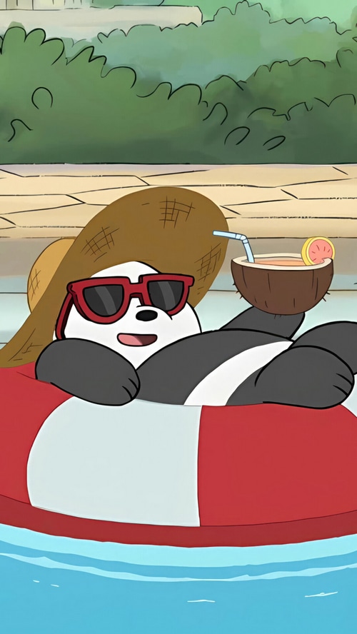 Panda from We Bare Bears relaxes in a swimming pool