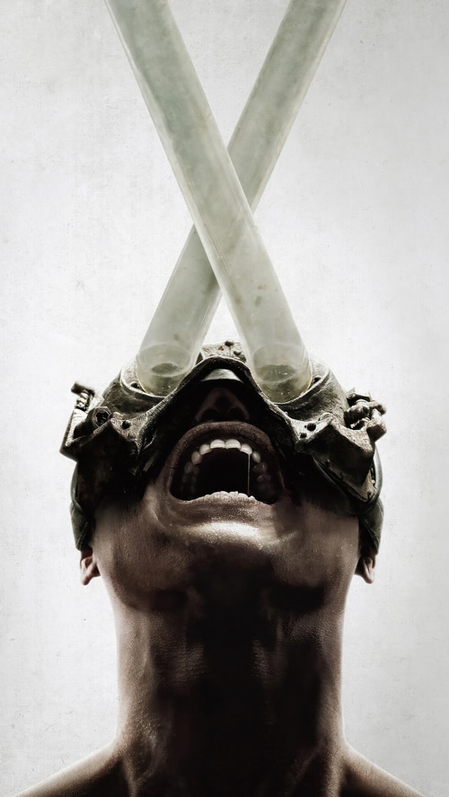 Saw X movie poster with mask and tubes