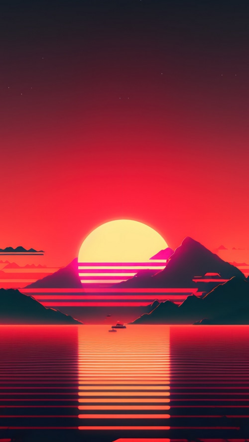 Synthwave Sunset Over Mountains and Water