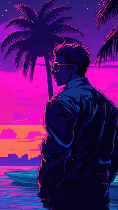 Vaporwave Sunset Ocean Scenery with Palm Trees
