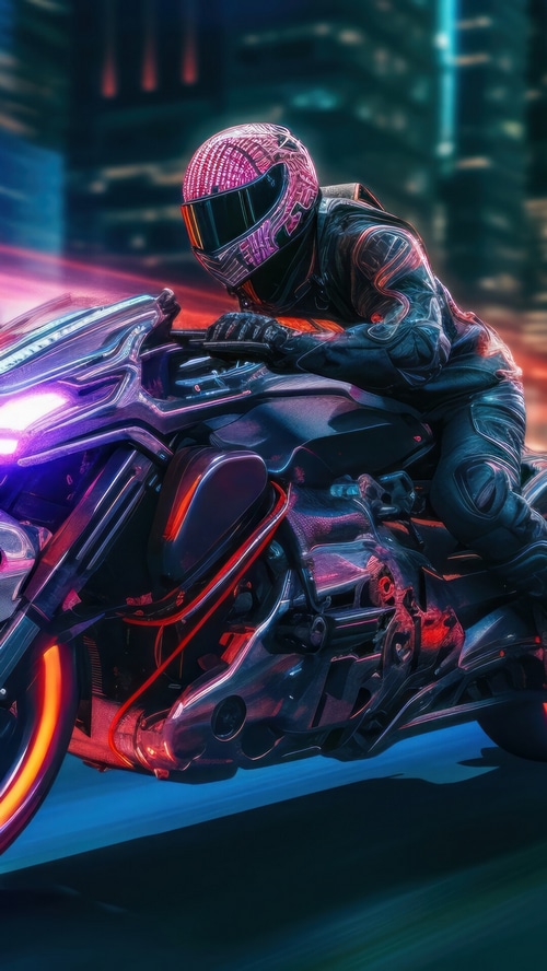 Cyberpunk Motorcycle Rider in Neon City