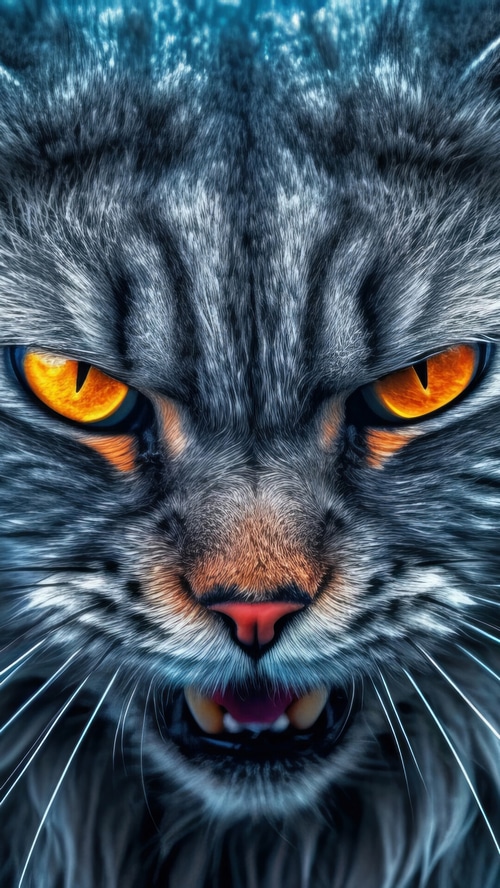 Close-up of an angry cat with glowing orange eyes
