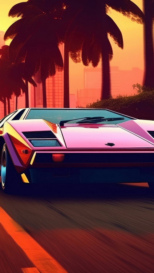 Pink Lamborghini driving on a street at sunset