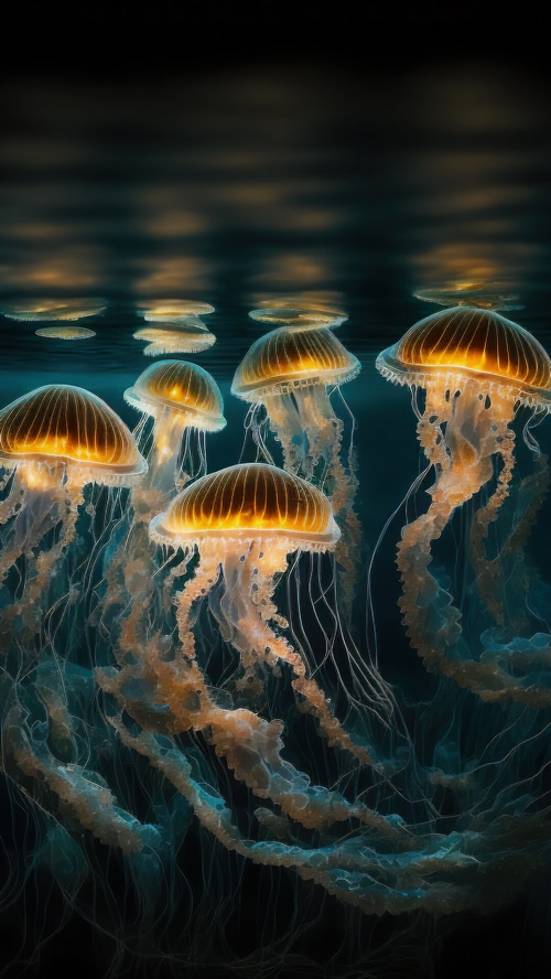 Digital art of glowing jellyfish underwater