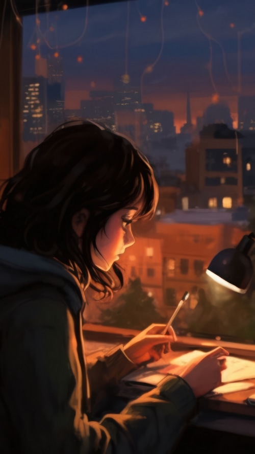 Girl Studying at Night with City View