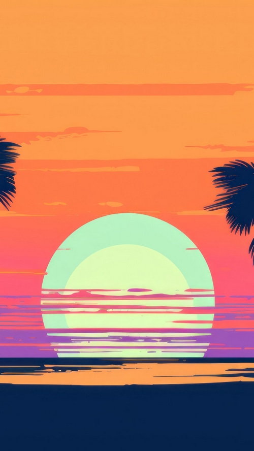 Minimalist sunset with palm tree silhouettes over the ocean