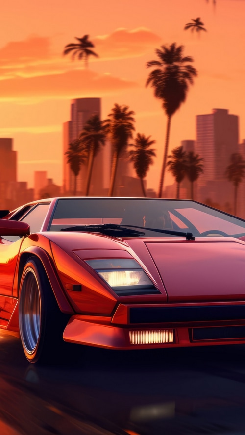 Red Sports Car Driving Through City at Sunset