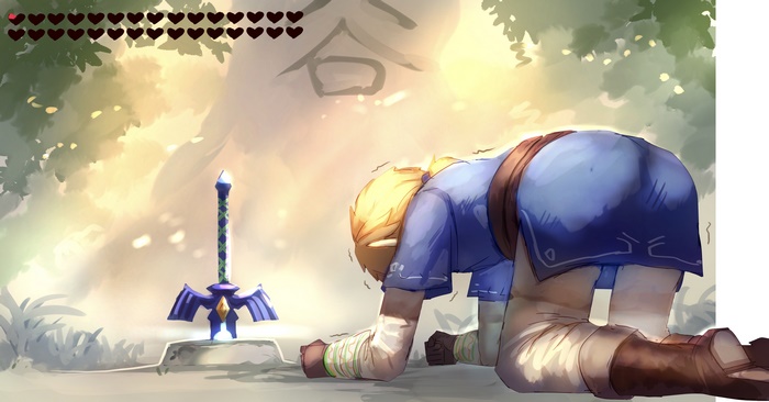 The Legend of Zelda: Link kneels before the Master Sword