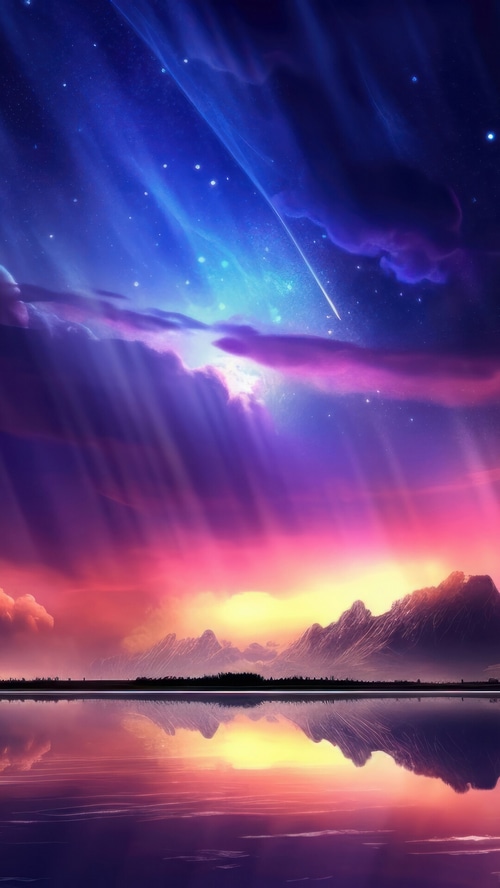 Colorful digital art of a starry sky over mountains and ocean