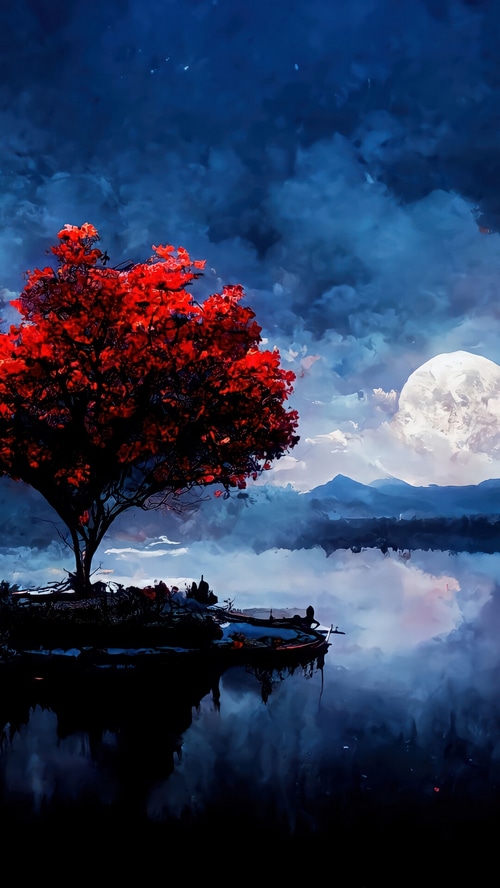 A solitary red tree by a moonlit lake