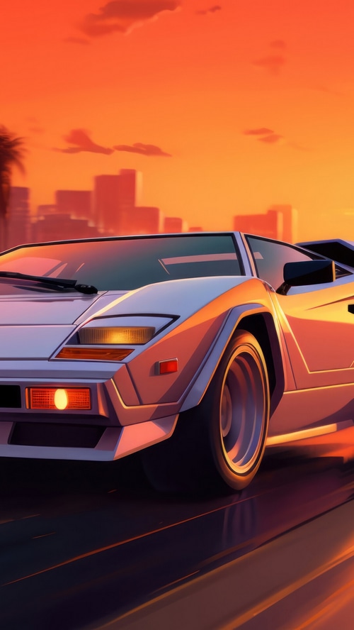 Lamborghini driving into a sunset city