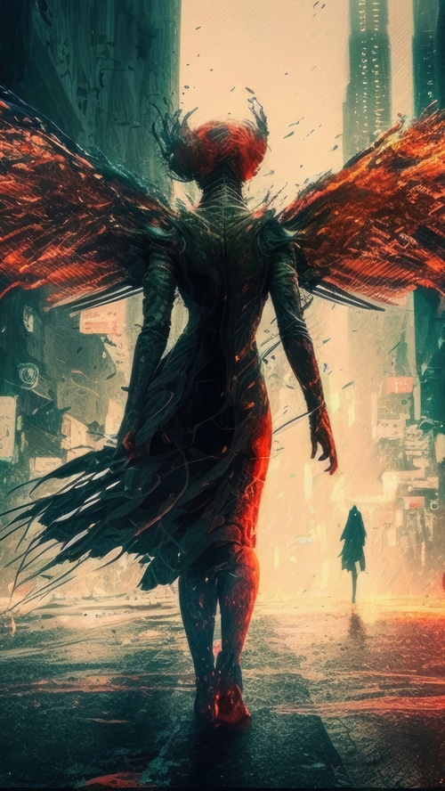 A demon with wings walks through a futuristic city