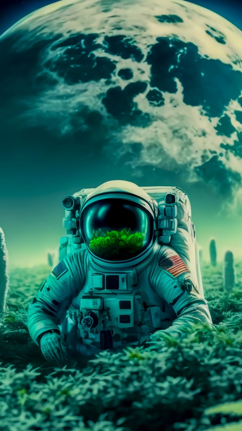 Astronaut on a green planet with a large moon