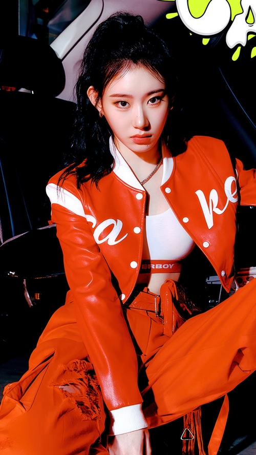 Chaeryeong from ITZY in a red jacket