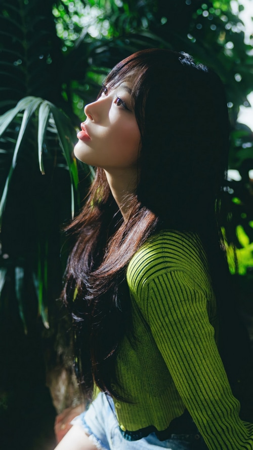 Giselle from Aespa looking up in a garden