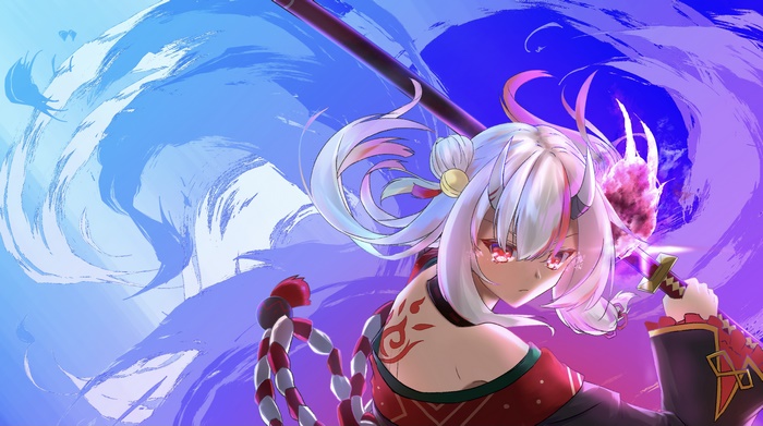 Nakiri Ayame with a sword and red and white rope