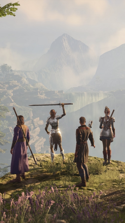 Baldur's Gate 3 Party on a Cliff Overlooking a Valley