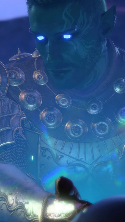 Baldur's Gate 3 Drow with glowing blue eyes