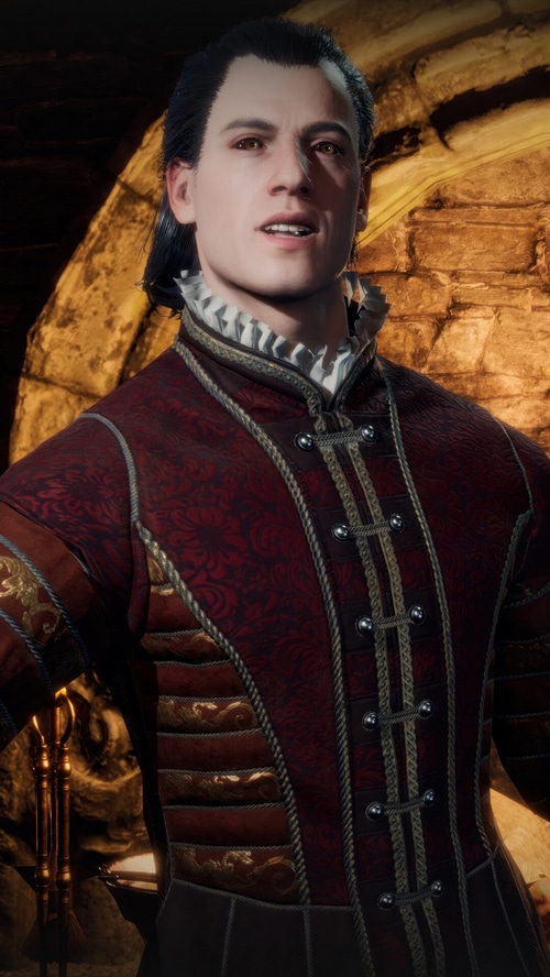 Baldur's Gate 3 character in ornate red jacket