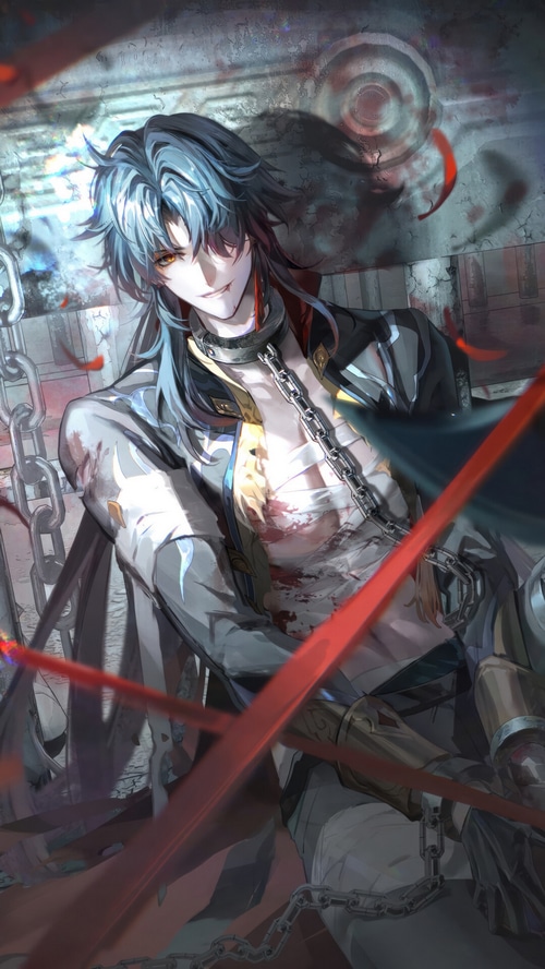 Blade from Honkai: Star Rail with chains and blood