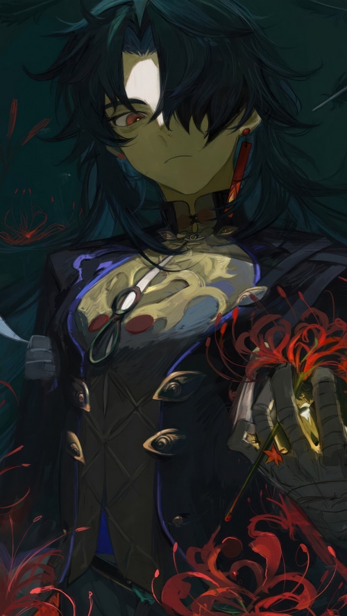 Blade from Honkai: Star Rail with red spider lilies