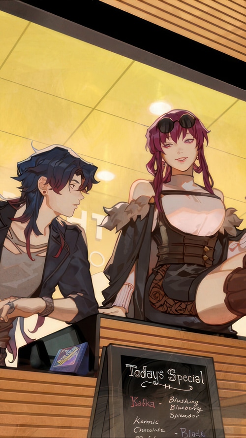Kafka and Blade from Honkai: Star Rail at a cafe