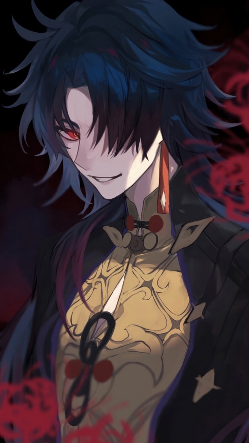 Blade from Honkai: Star Rail with red eyes