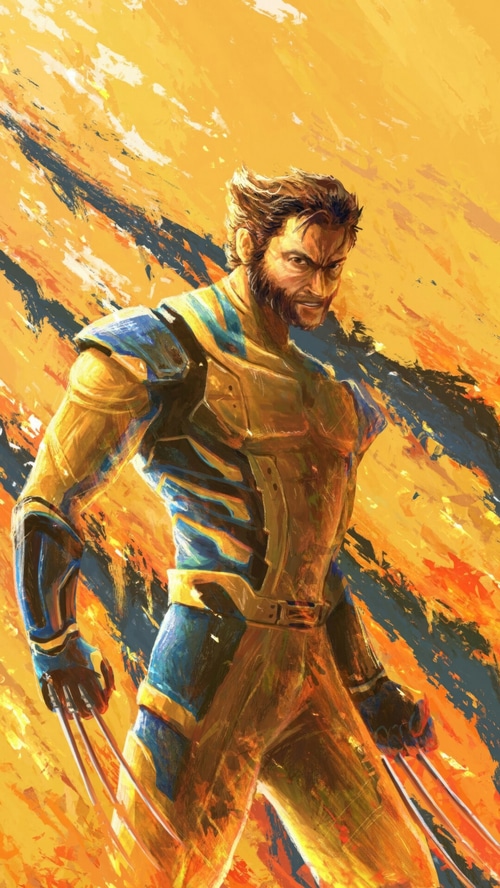 Wolverine in a yellow and blue suit with adamantium claws