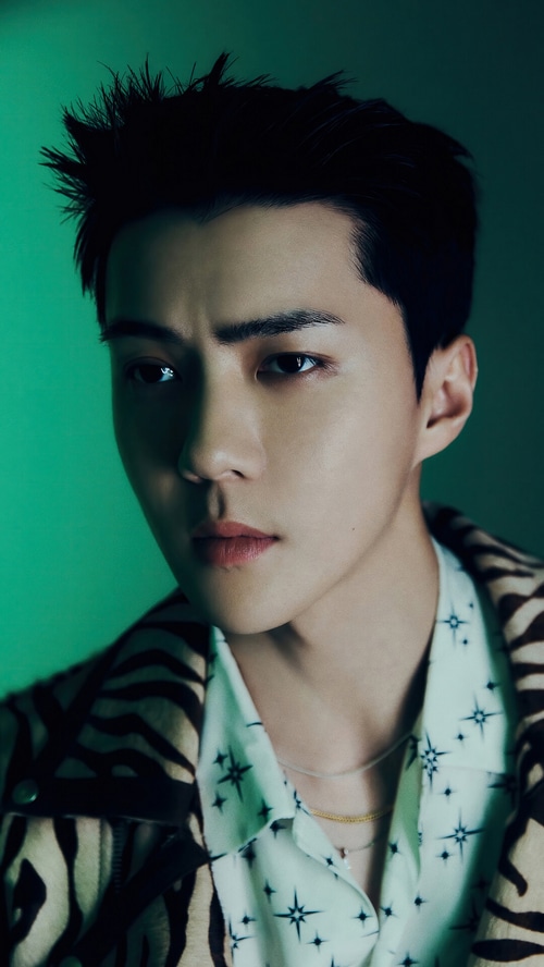 Sehun of EXO in a patterned jacket