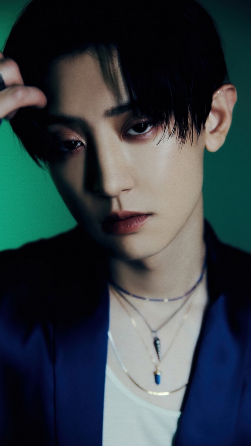 Chanyeol wearing necklaces and a blue jacket
