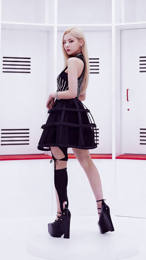 Lia from ITZY in a black cage skirt and platform heels