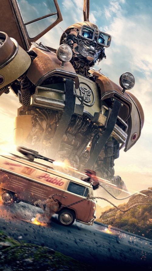 Bumblebee and a van in Transformers: Rise of the Beasts