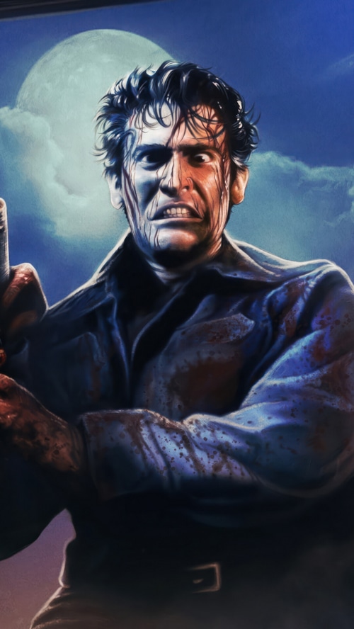 Ash Williams with Chainsaw in front of Moon