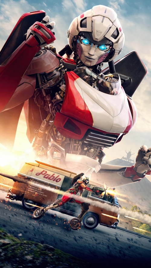 Arcee and a human on a van in Transformers: Rise of the Beasts