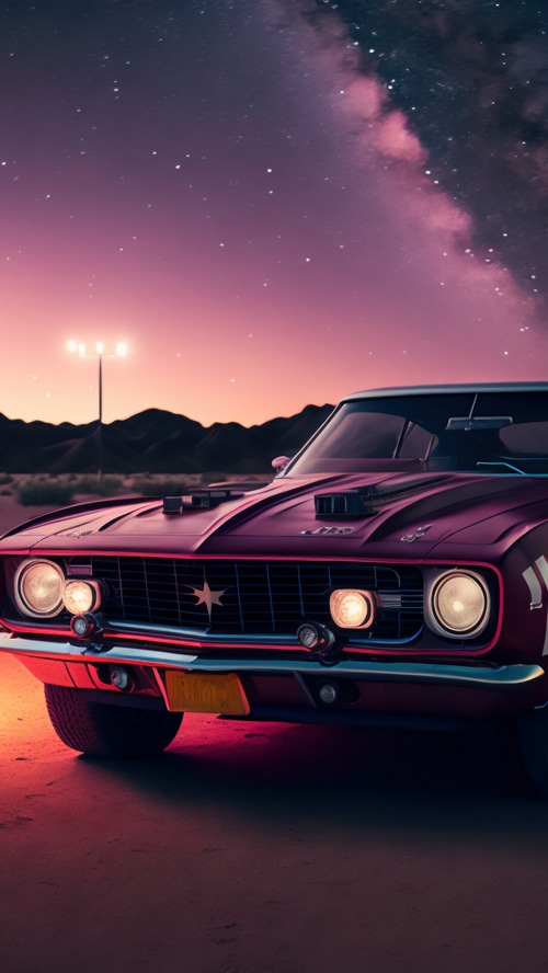 Sports car in a desert landscape under a starry sky