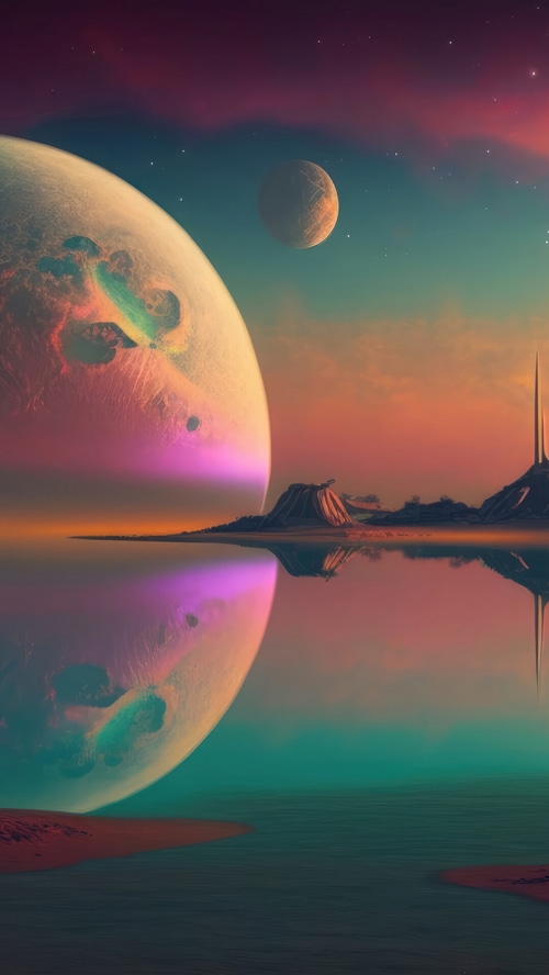 Alien Planet Scenery with Large Moon Reflection