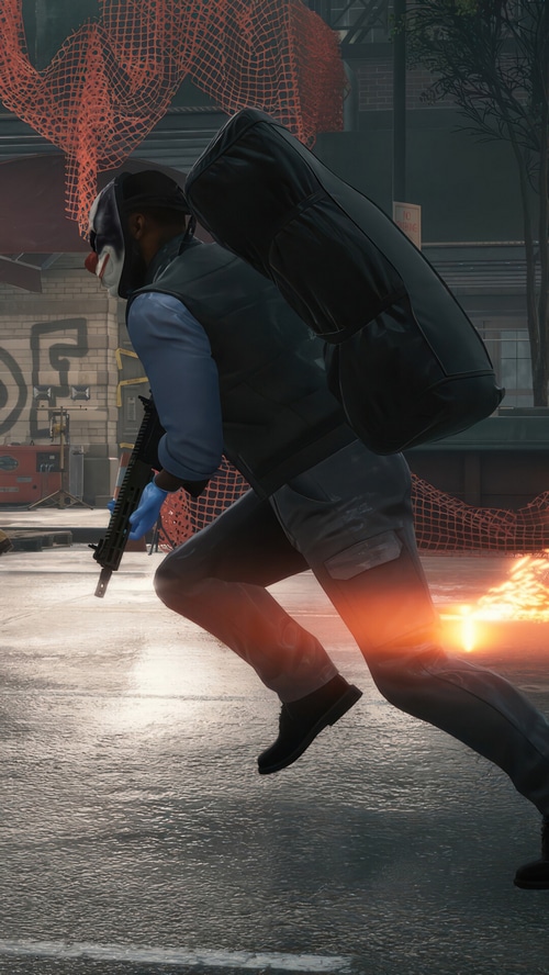 PAYDAY 3 character running with a duffel bag