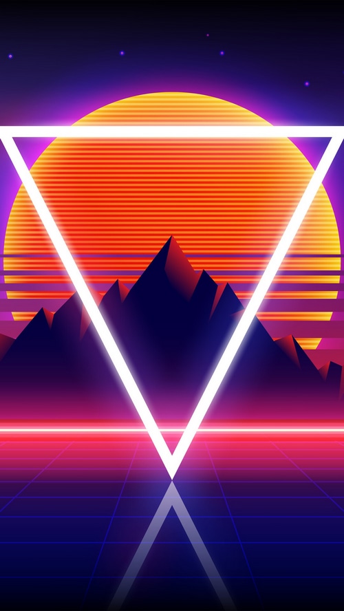 Retrowave Sunset Over Mountains with Neon Triangle