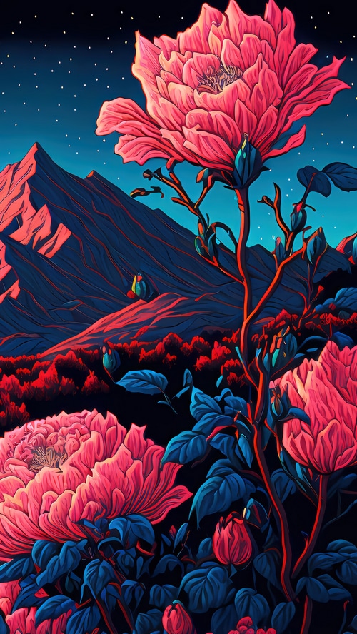 Pink Peonies Bloom Under a Starry Night Sky with Mountains
